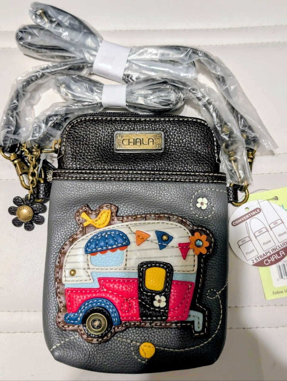 NWT Chala Happy Camper Grey And Black Crossbody Bag with Multicolor Caravan.